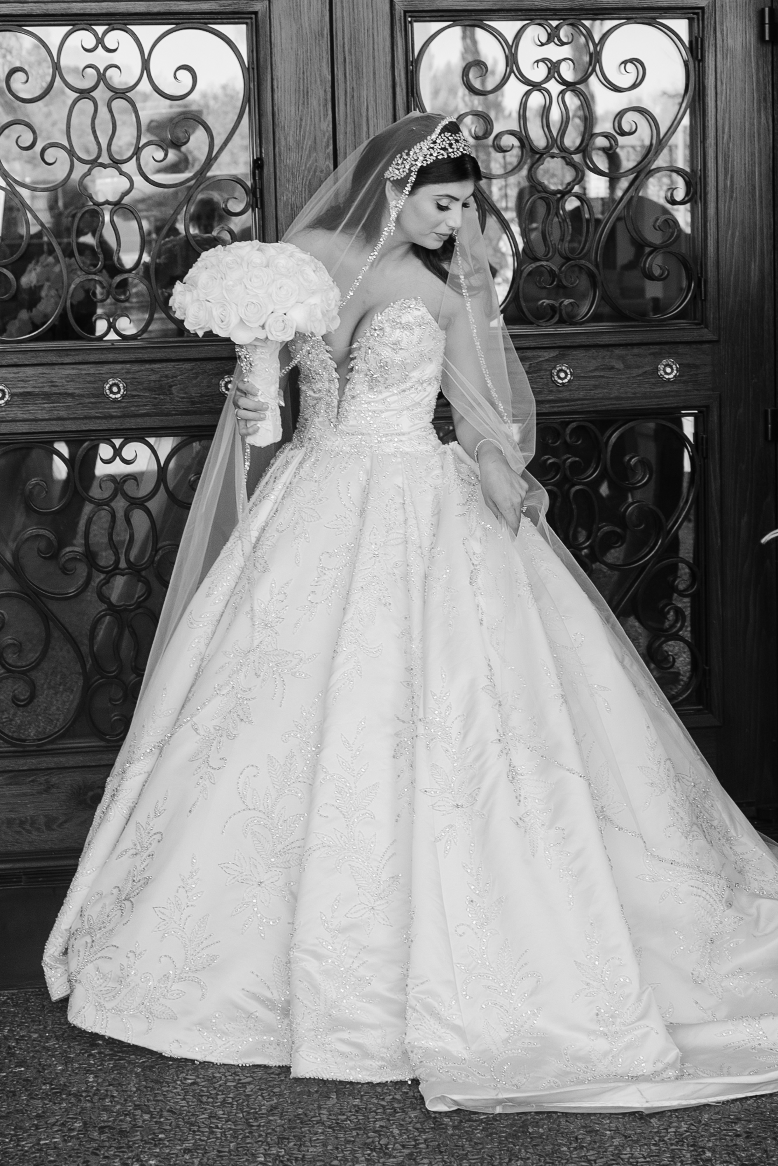 Black-and-white bridal portrait from Christina and Andrew's wedding at The US Grant