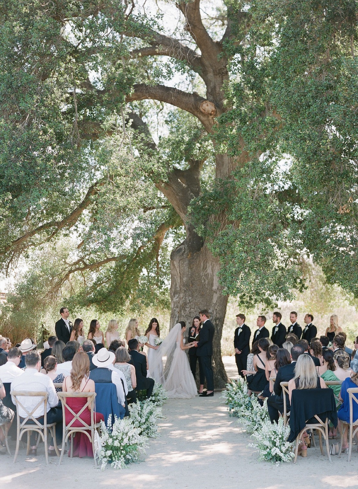 Wide outdoor wedding ceremony under the oak canopy at Bruma Wine Resort